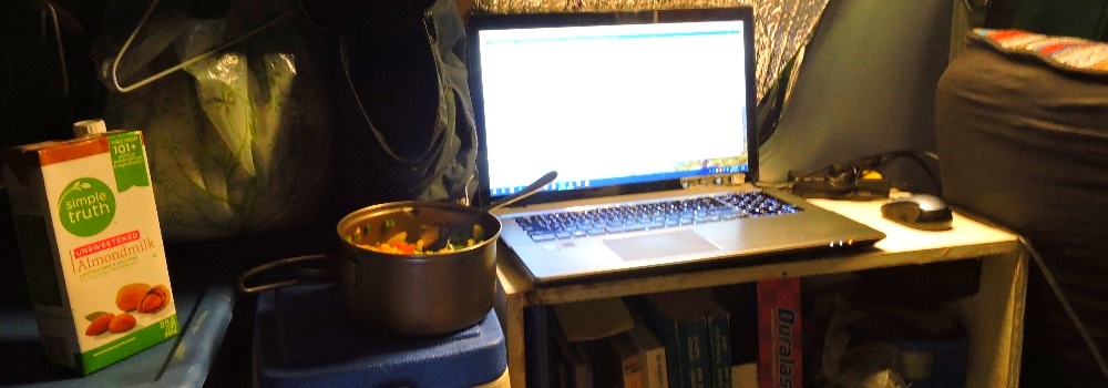 Sitting at the computerin the Jammer Office