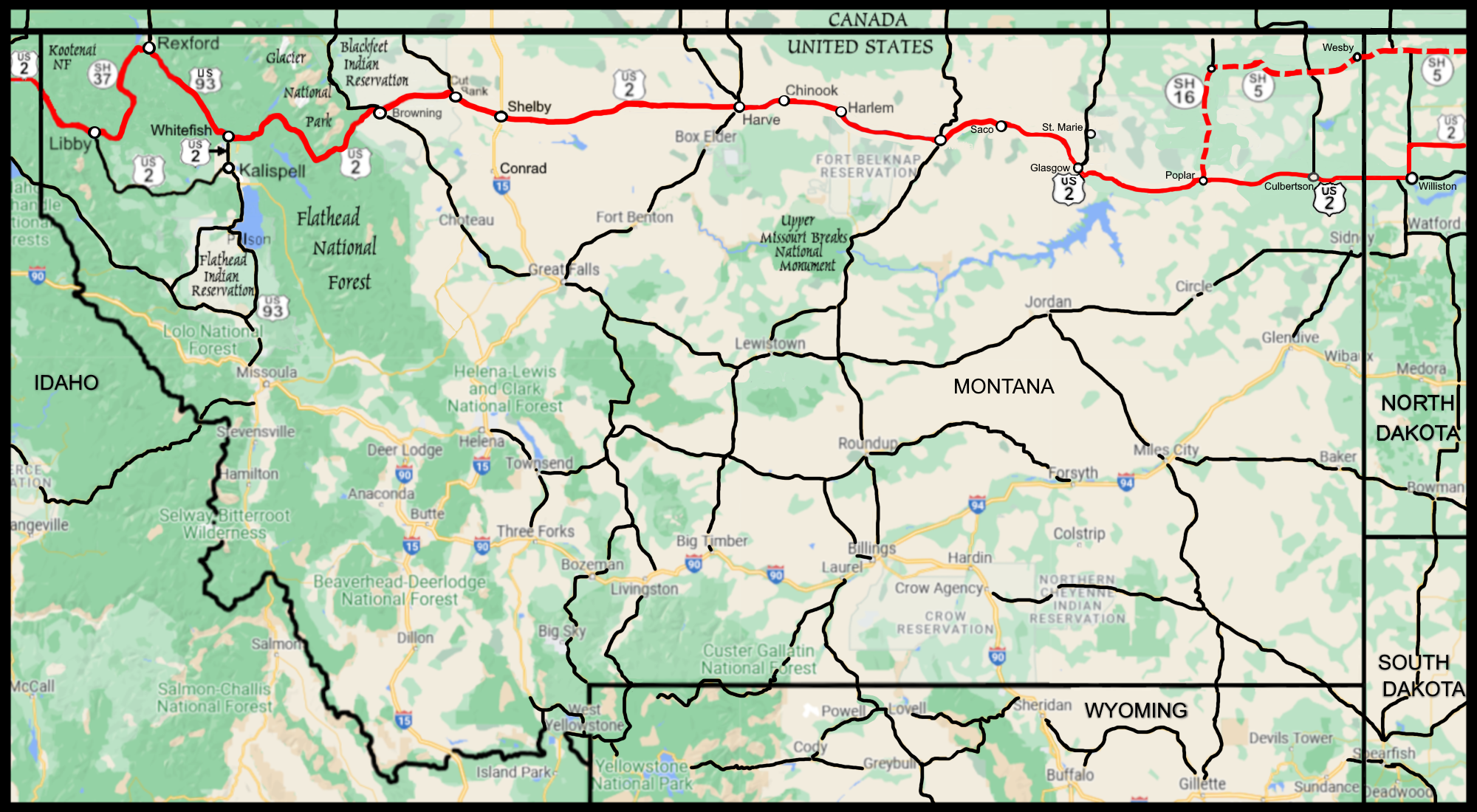 The Roadpath JourneysThe Northern Tier RouteMontana Roadpath Map